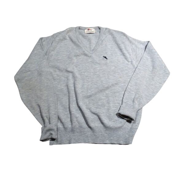 Vintage Steeplechase Gray V-Neck Sweater L - Cotton Wool Blend Embroidered Logo - Picture 1 of 7